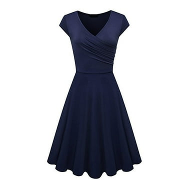Women's V-Neck Midi Dress - Short Sleeve A-Line Swing Dress For Church, Cocktail & Tea Parties