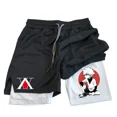 thumbnail image 1 of Pantalones cortos para correr 2 en 1 para hombre con bolsillos para teléfono, toalla con lazo, estampado de anime, pantalones cortos de compresión atléticos ligeros para entrenamiento en gimnasio, 1 of 4