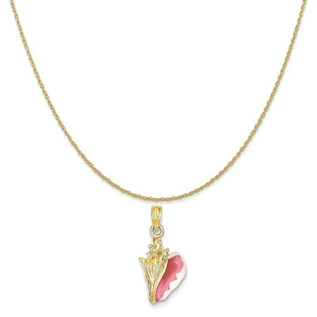 14k Yellow Gold Enameled 3-D Conch Shell Pendant on 14K Yellow Gold Rope Chain Necklace, 16"