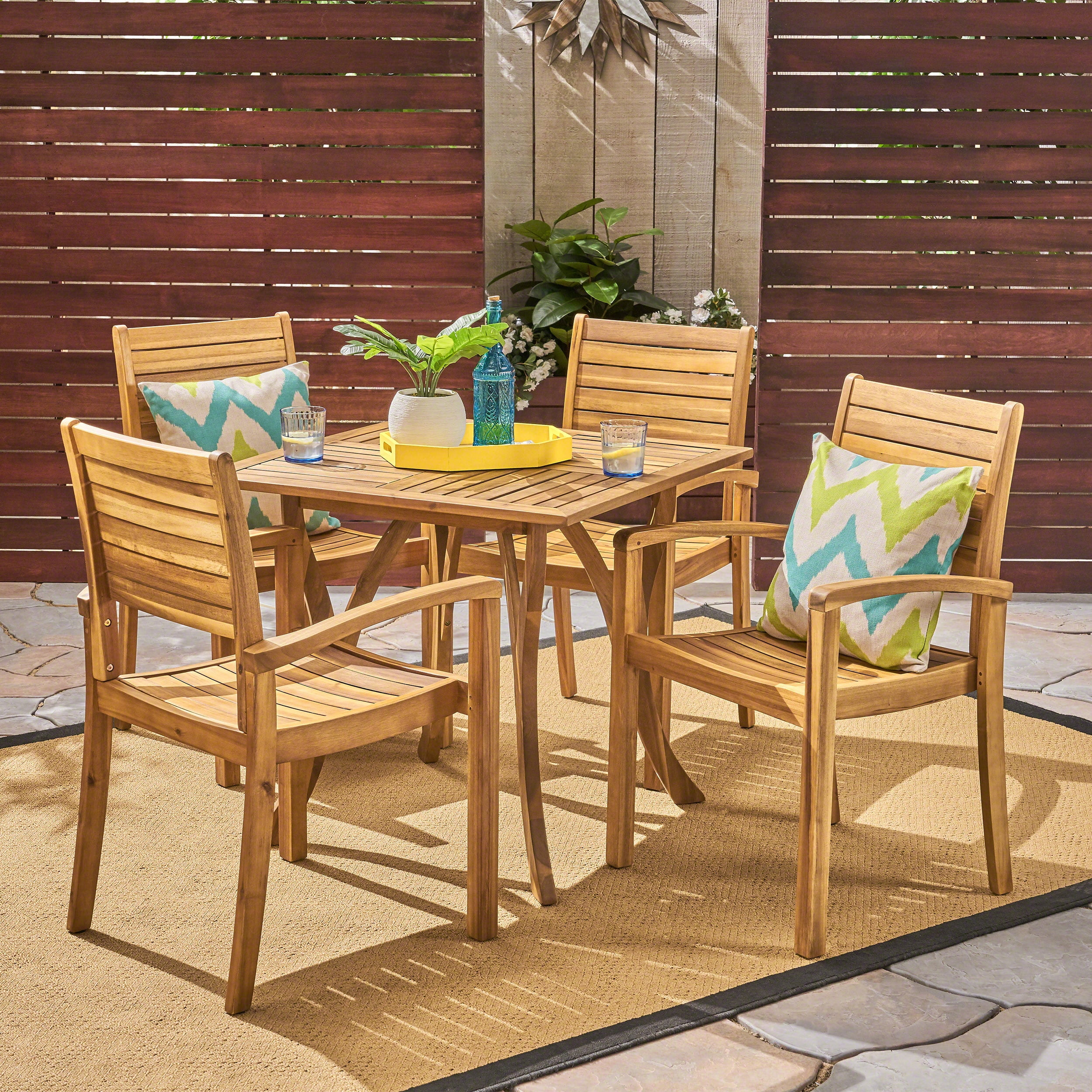 York Outdoor 5 Piece Acacia Wood Square Dining Set, Teak