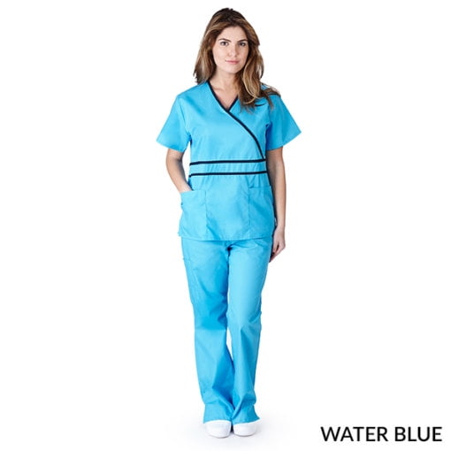 NATURAL UNIFORMS WOMENS CONTRAST MOCK WRAP SCRUB SET FREE SHIPPING