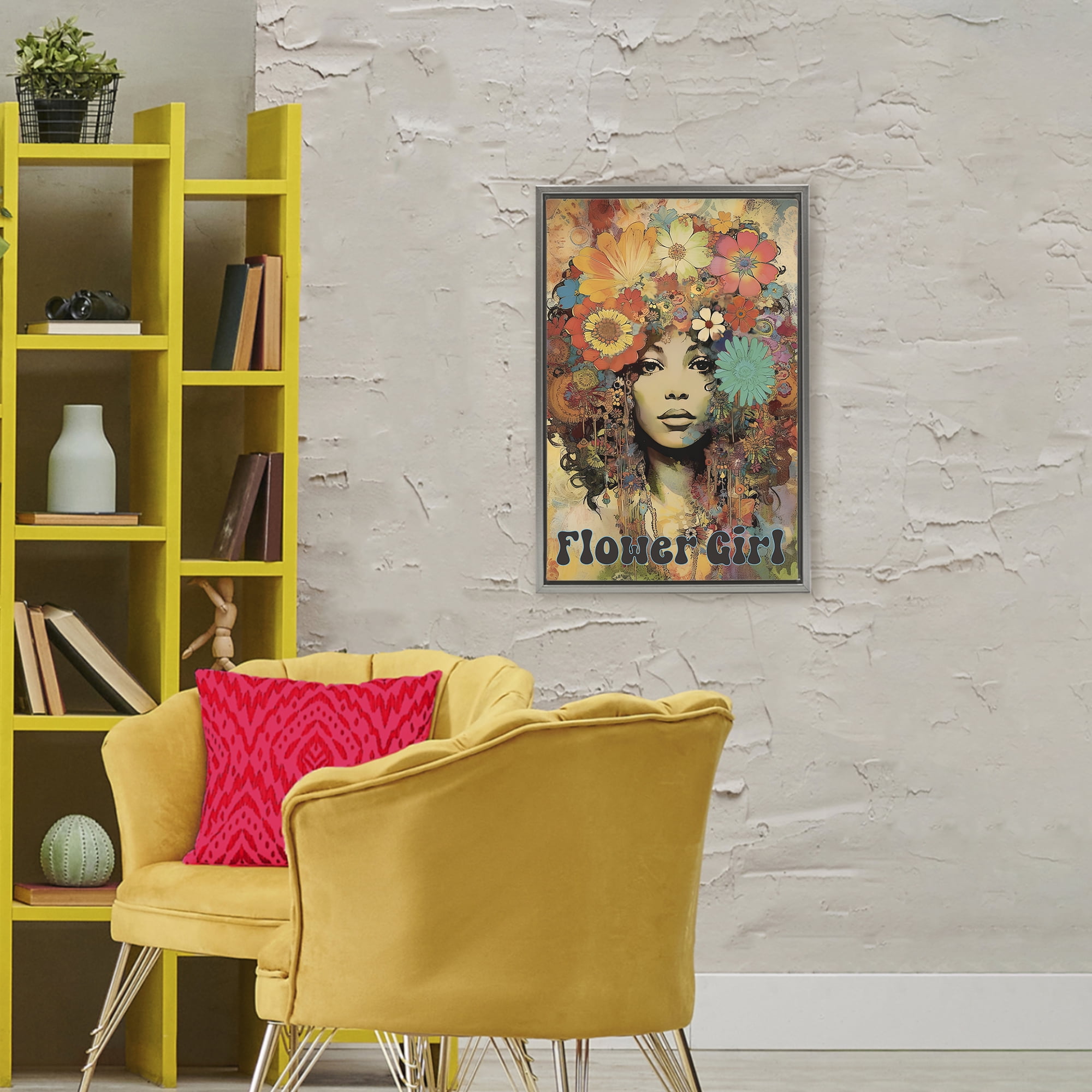 Bohemian Flower Girl Gray Framed Floater Canvas Wall Art, design by Sasha