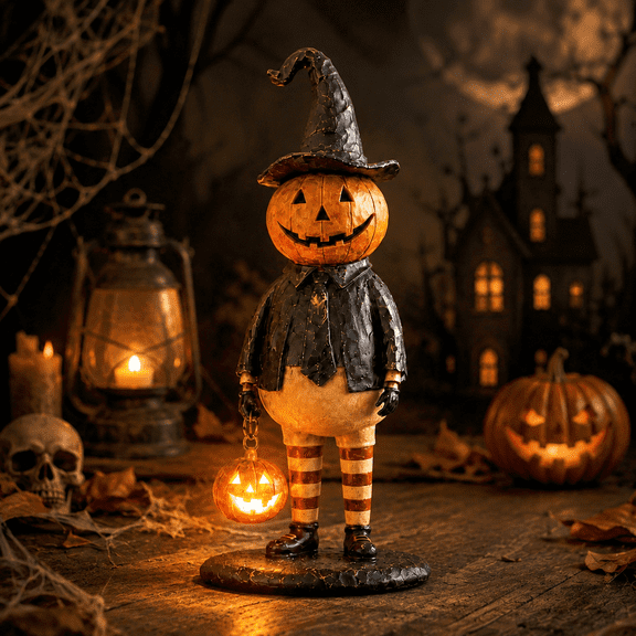 Pumpkin Witch Lantern Figurine, LED Glowing Hat & Staff, Wizard Resin Statue, Vintage Gothic Halloween Tabletop Decor