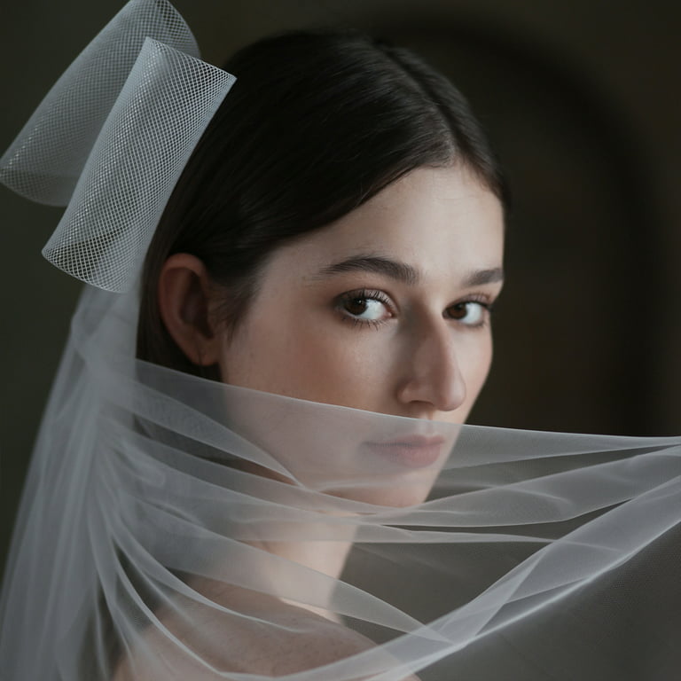 SARDFXUL Wedding Bridal Veil Big Bow Decor Ivory White Short Sheer Veils 2 Tiers, Women's, Size: One size, Blue
