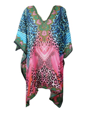 Mogul Women Digital Print Caftan Deep V Neck Kimono Sleeves Summer Fashion Beach Cover Up Dress One Size