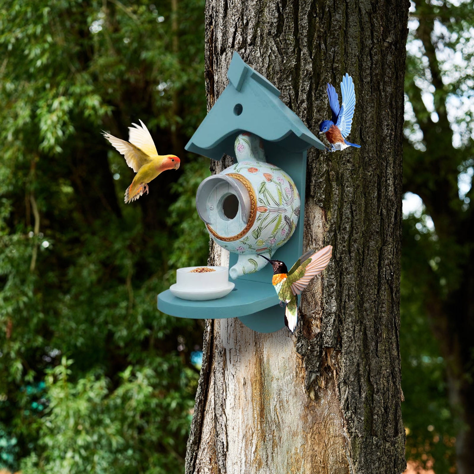 FFENYAN Resin Ceramic teapot Decoration Bird Feeder Bird House And Feeder Vintage Style Outdoor Bird House Bird Feeder Teapot Teacup Design Garden Wall Hanging Resin Decoration