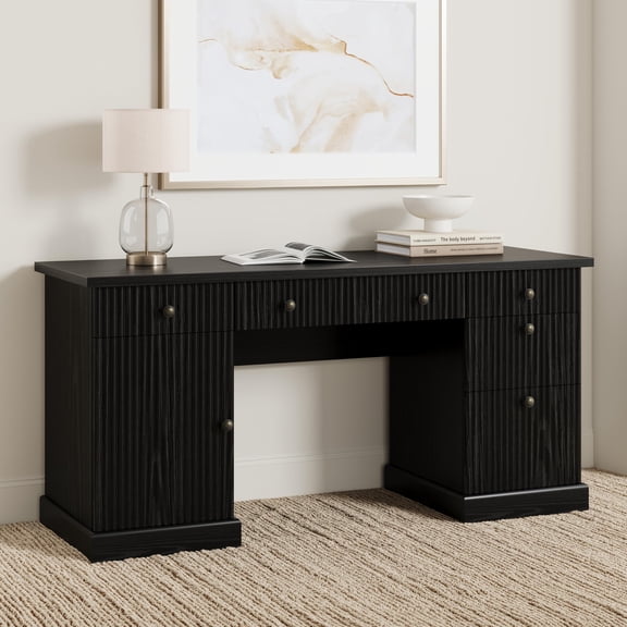 60 Inch Modern Fluted Executive Office Desk, Wooden Computer Writing Desk with Charging Station & File Drawers for Home Office