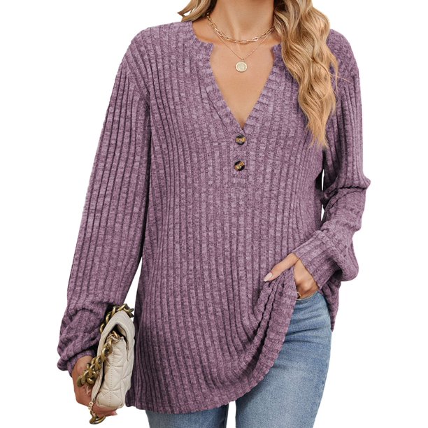 Camisa Henley de Larga para Mujer, Cuello en V, Suéteres Casuales Elegantes, Ropa de Moda para Otoño. Rojo Púrpura S