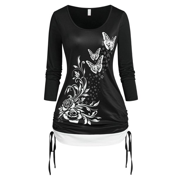 Camiseta con Estampado de Flores y Mariposas en Talla Extra Rosegal Mangas largas de talla grande