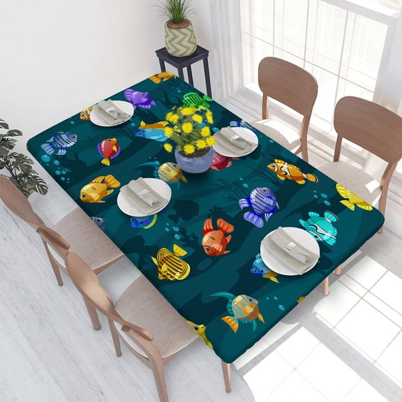 Elastic Edge Fitted Tablecloth Cartoon Cute Tropical Fishes for Rectangle Table 4 FT 30 X 48 Inch