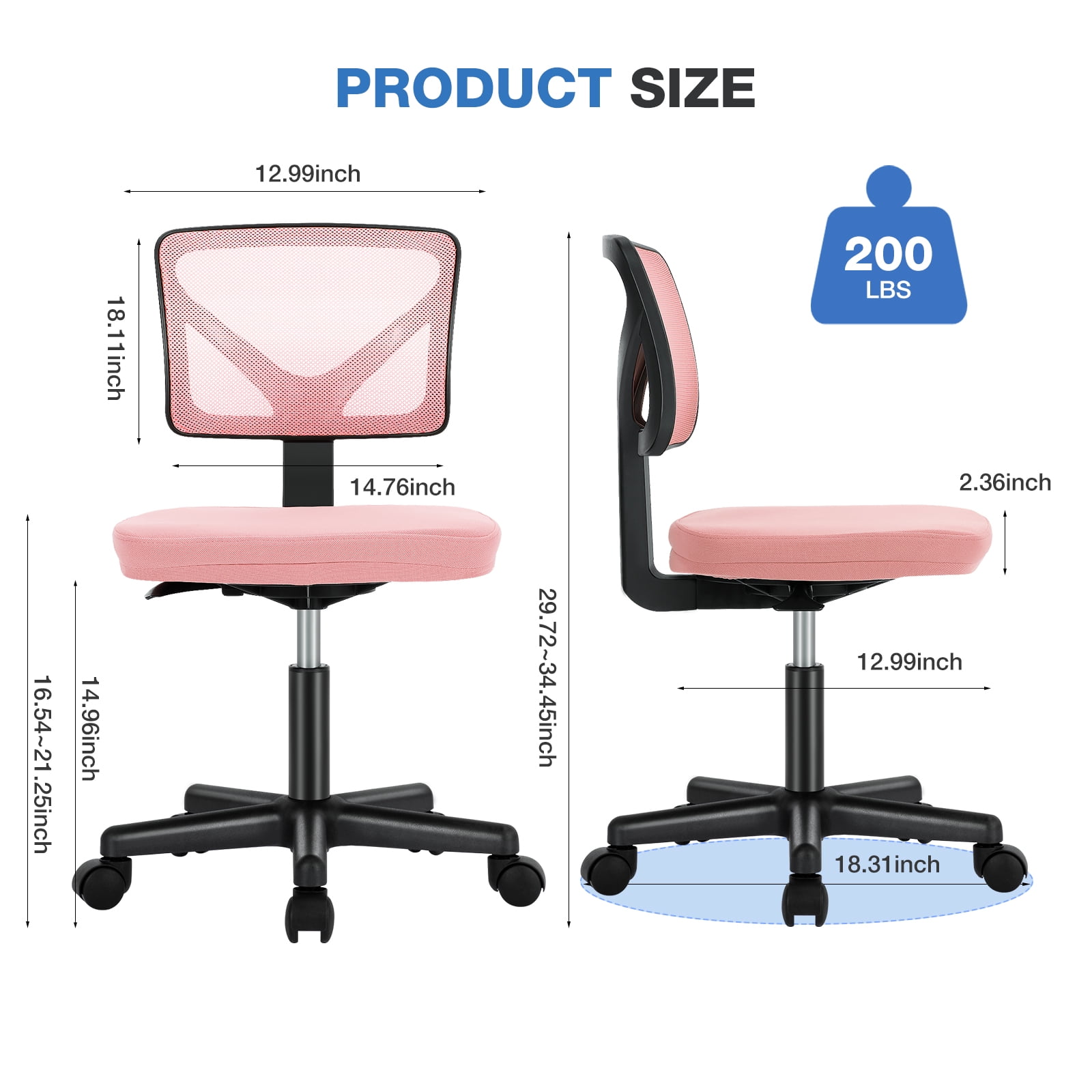 Gianna Armless Desk Chair, Low Back Adjustable Rolling Chairs with Wheels for Home Office Study