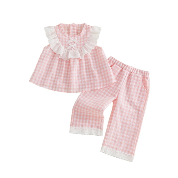 BemeyourBBs Toddler Baby Spring Summer Fall Clothes Cute Baby Girl Plaid Gingham 2 Pieces Outfit Sleeveless Lace Ruffled Tunic Shirt Babydoll Tank Vest Tops and Wide Leg Pants Set