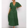 thumbnail image 4 of Robes pour Femmes 2024 Été Surdimensionnée Décontractée Couleur Unie Col en V Lacée Manches Évasées Robe à Empiècements 50 % de Rabais!, 4 of 6