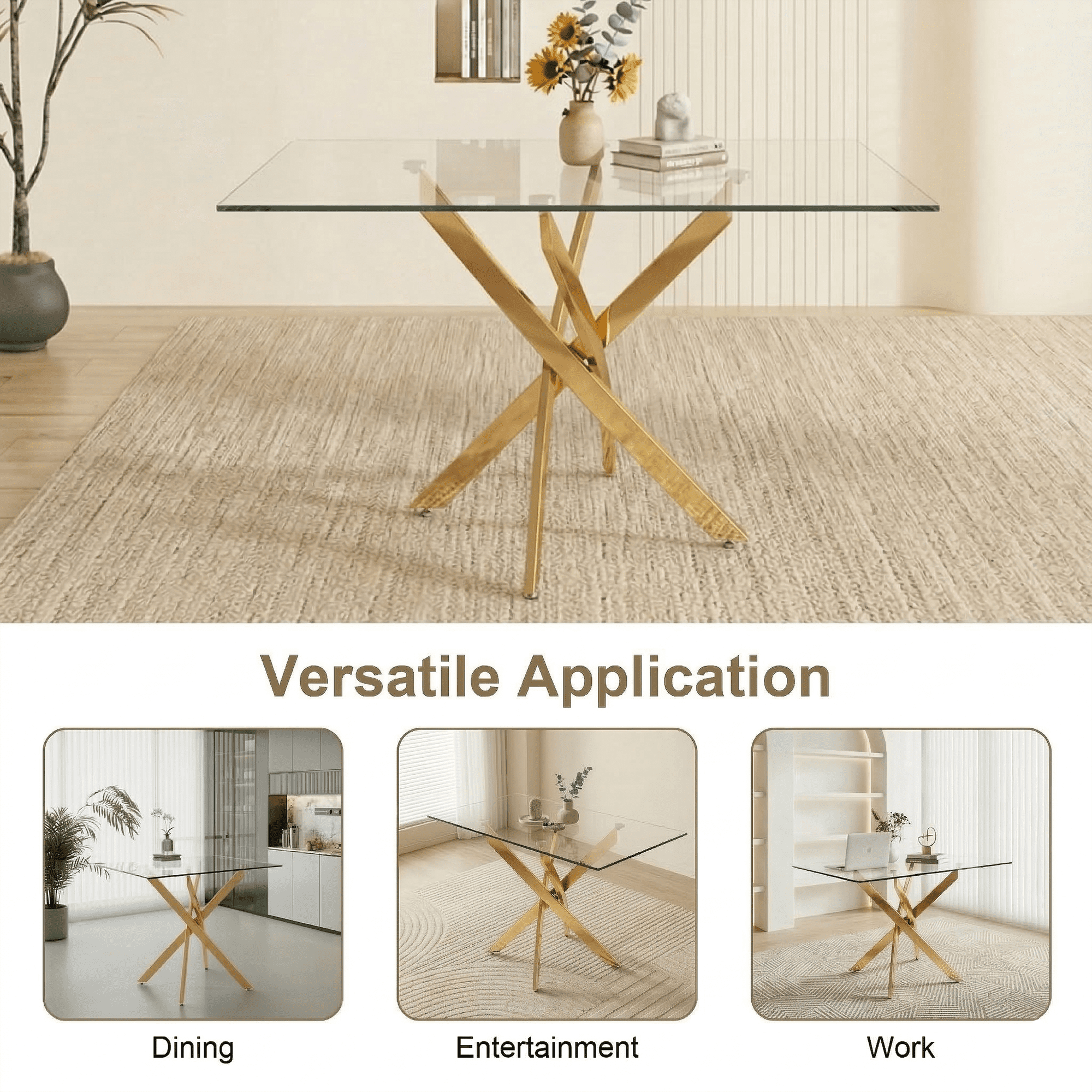 Garitin Dining Table and Rectangular Glass Top Kitchen Table 47.24 Inch, Modern Center Table with Gold Metal Legs for Dining Room, Gold