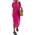 thumbnail image 1 of Lucakuins - Vestido de playa informal de verano para mujer, color sólido, manga corta de murciélago, cuello redondo, vestido dividido Lucakuins  moda, 1 of 8