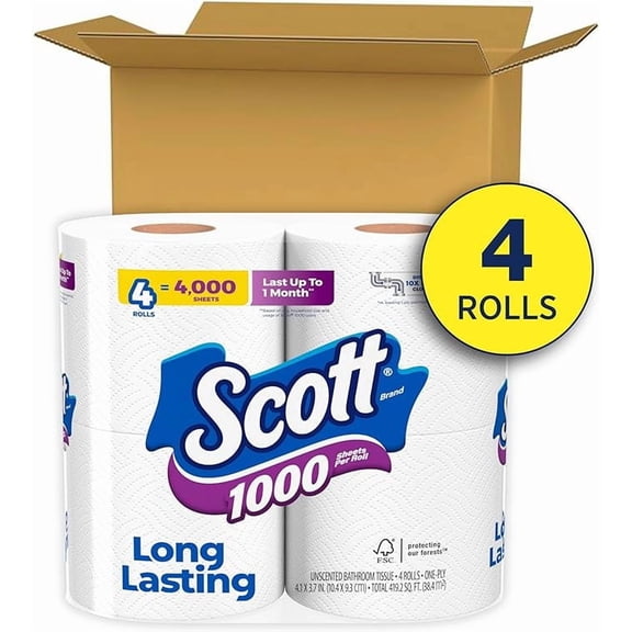 Scott 1000 Sheets Per Roll Toilet Paper, 4 Rolls, Bath Tissue