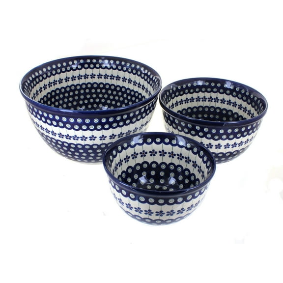 Blue Rose Polish Pottery Flowering Peacock Mixing Bowl Set