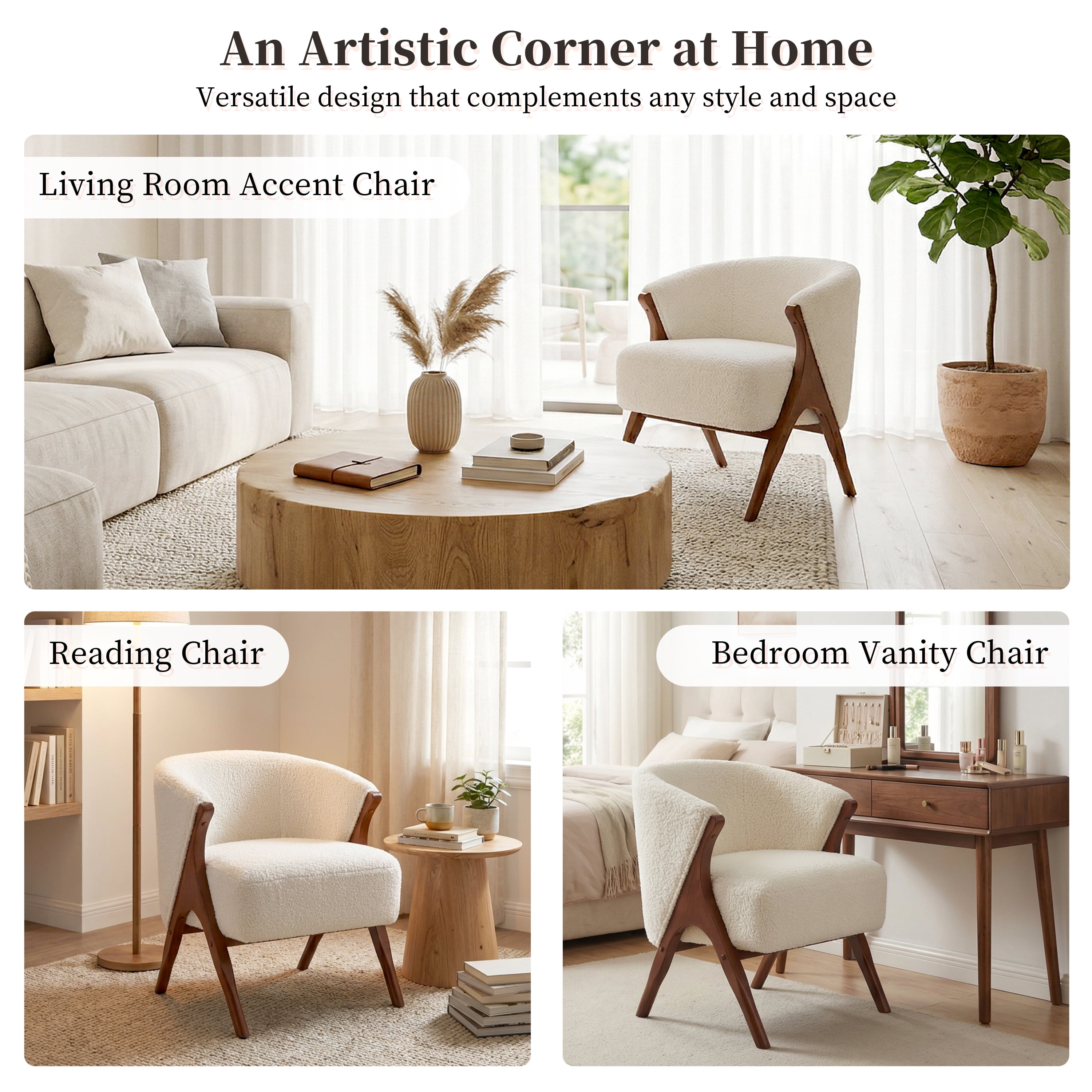 Euroco Modern Accent Chair,Upholstered Armchair with Solid Wood Frame,Boucle Fabric Reading Chair Leisure Chair for Living Room, Bedroom,Beige