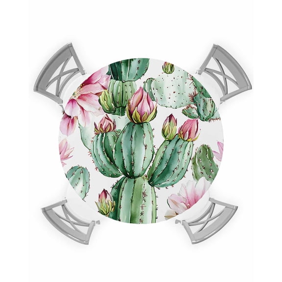 nqOlkjepod Tropical Succulent Round Tablecloth, Fitted Table Cover with Elastic for 45"-54" Round Tables, Botanical Plants Pink Floral Table Cloth Outdoor Indoor Dinning Party Waterproof Tablecloths
