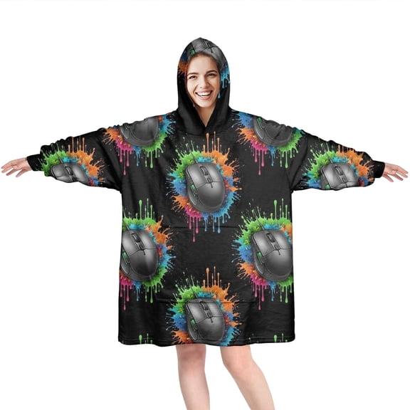 Wearable Oversized Blanket,Colorful Mouse Games Black Pattern Wearable Blanket Hoodie for Adults,Cozy Hooded Blankets with Super Pockets,Super Warm Fuzzy Pullover for Women & Men