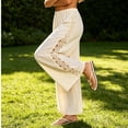 thumbnail image 6 of Linen Pants Women Breathable Drawstring Elastic Waist Capri Pants with Lace Side Summer Casual Beach Trousers White XL(XL), 6 of 9