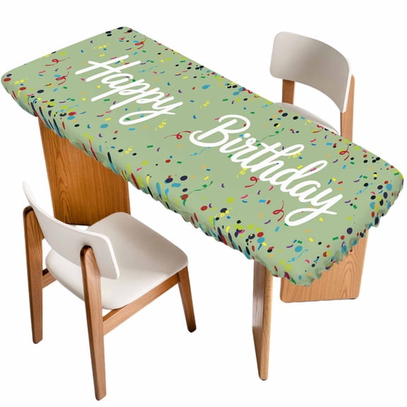 Happy Birthday Table Cloths for 8 Foot Rectangle Tables, Sage Green Modern Abstract Art Patio Waterproof Elastic Fitted Tablecloths, Washable Rectangular Table Cover for Camping