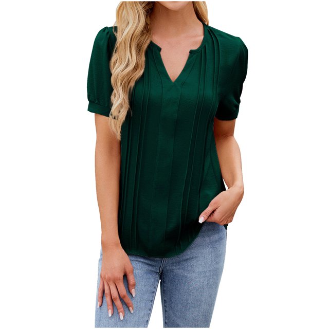V Cuello Manga Corta Tops para las Mujeres Primavera Verano Moda Color Sólido Camiseta, Imitación Algodón