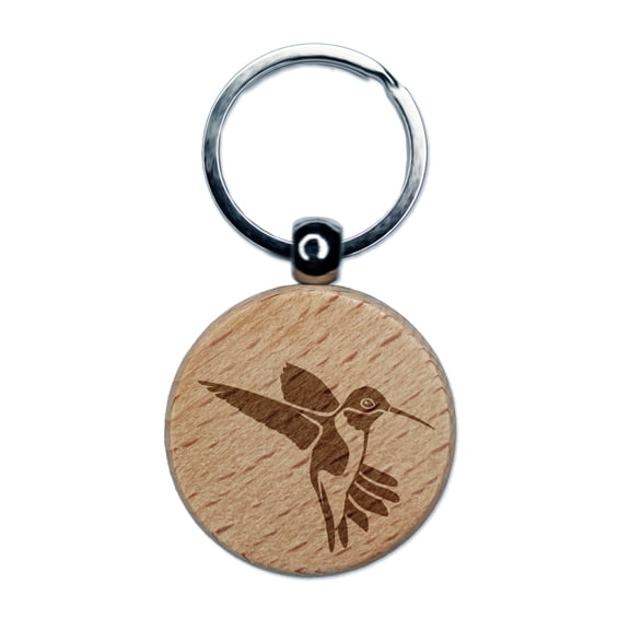 Fluttering Hummingbird Round Keychain Charm Tag - Engraved Wood