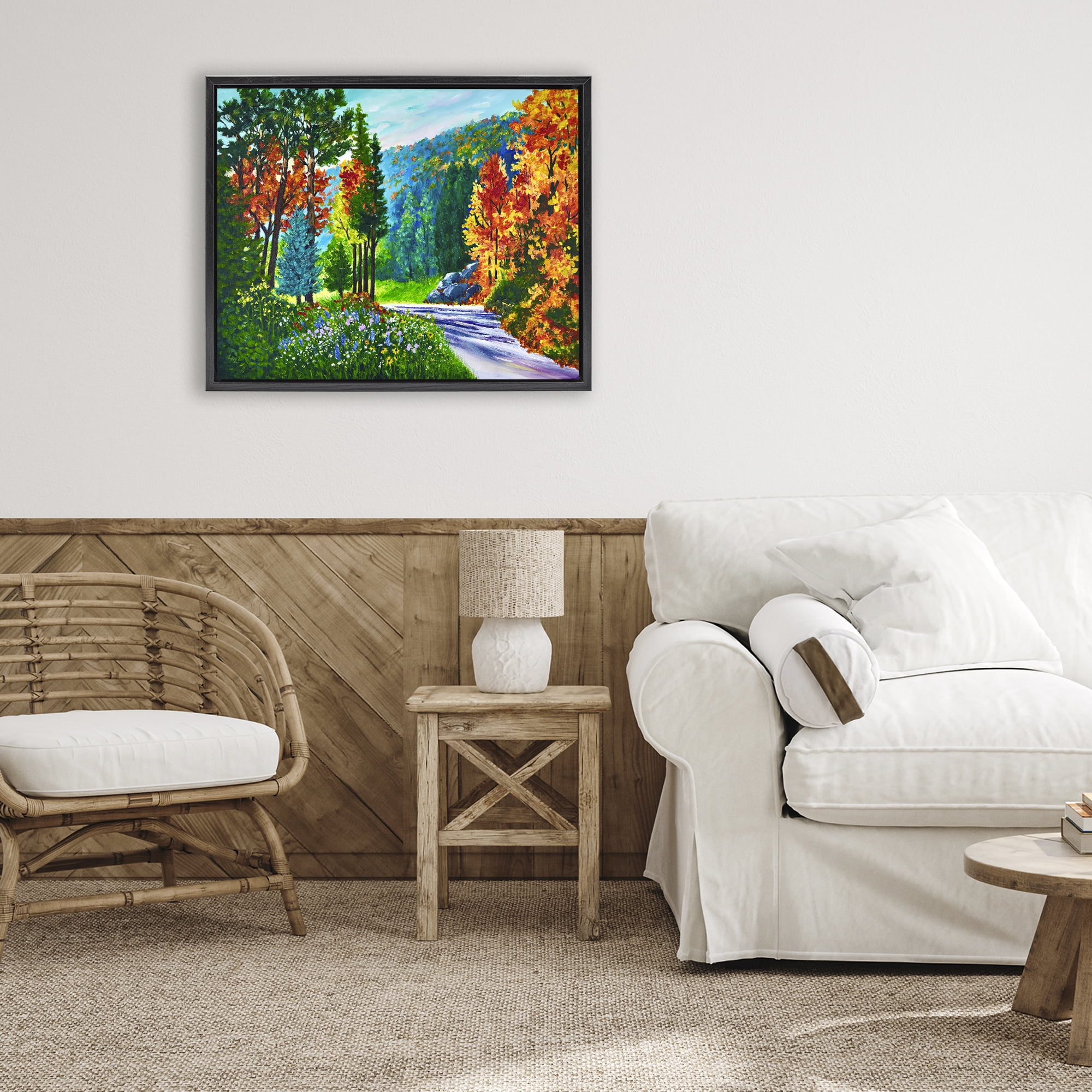 Stupell Industries Sunlit Autumn Woodland Pathway Black Framed Floater Canvas Wall Art, design by Lee Ann Zirbes