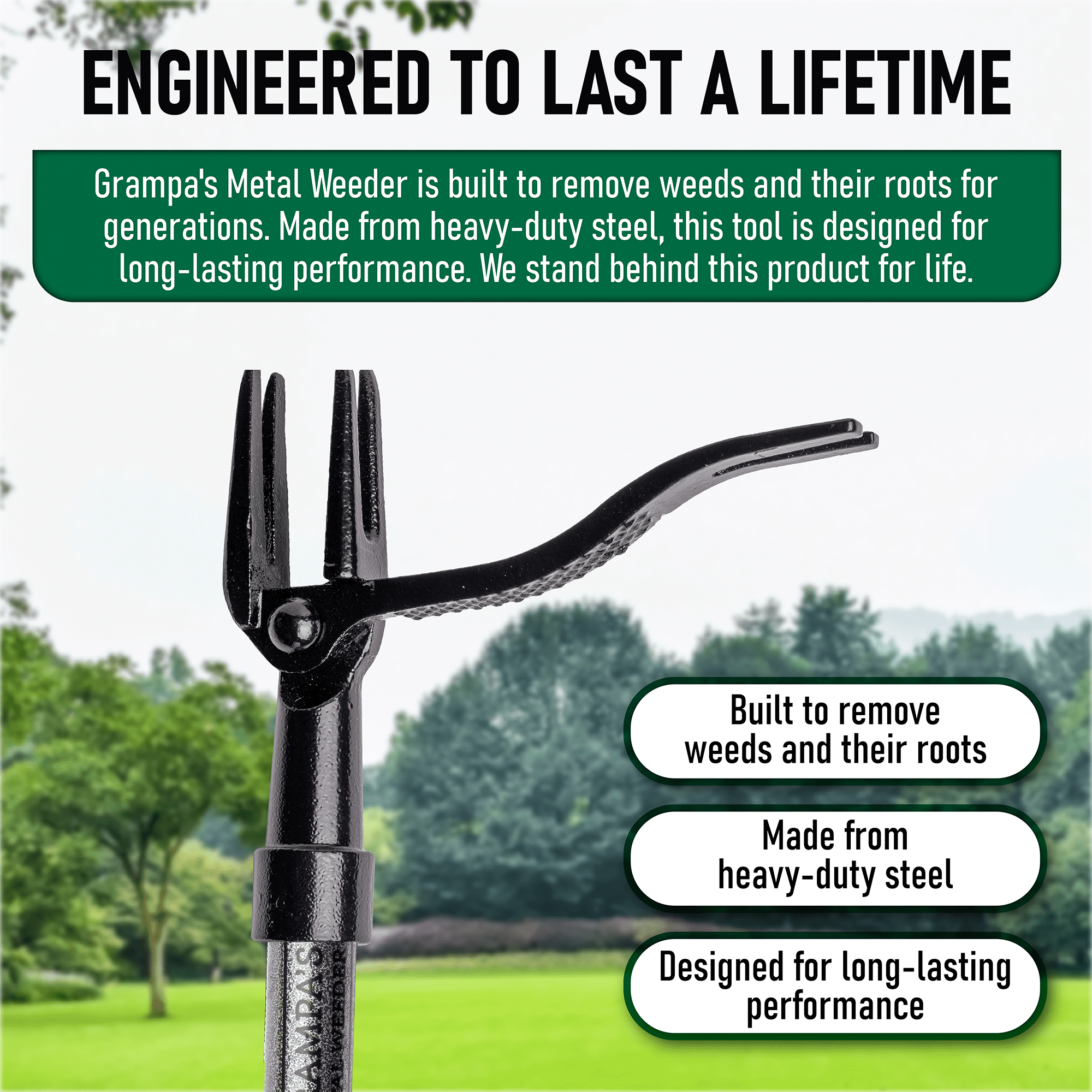 Grampa's Metal Weeder - Stand Up Weed Puller Tool With Steel Long Handle - Made With All Steel Handle & 4-Claw Steel Head - Easily Remove Weeds Without Bending, Pulling, or Kneeling (Black)