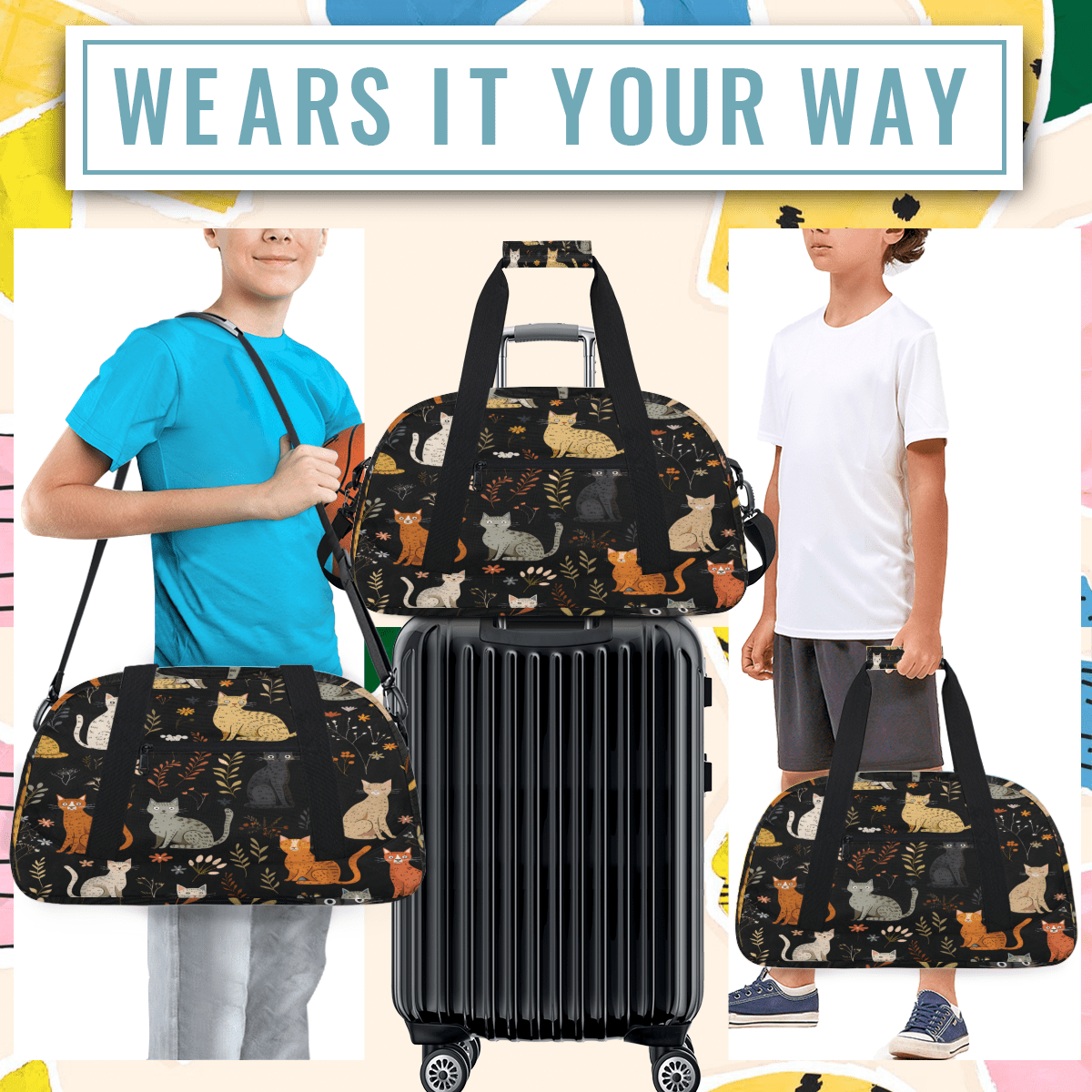 Herdesigns Sports Duffle Bags Travel Duffle Bag Gym Bag Colorful Cats Weekender Travel Bag Waterproof Overnight Bag Carry On Travel Tote Bag Dance Bags