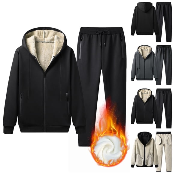 RYDCOT Mens Fleece and Thickened Tracksuit Lamb Wool Warm Sportswear Long Sleeve Full Zip Hoodie Jacket Jogger Sweatpants Casual Sweatsuits Set Gray