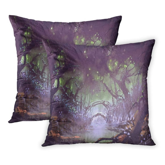 BOSDECO Purple Dark Enchanted Forest Fantasy Landscape Painting Watercolor Magic Nature Night Artistic Beautiful PillowCase Pillow Cover 20x20 inch Set of 2