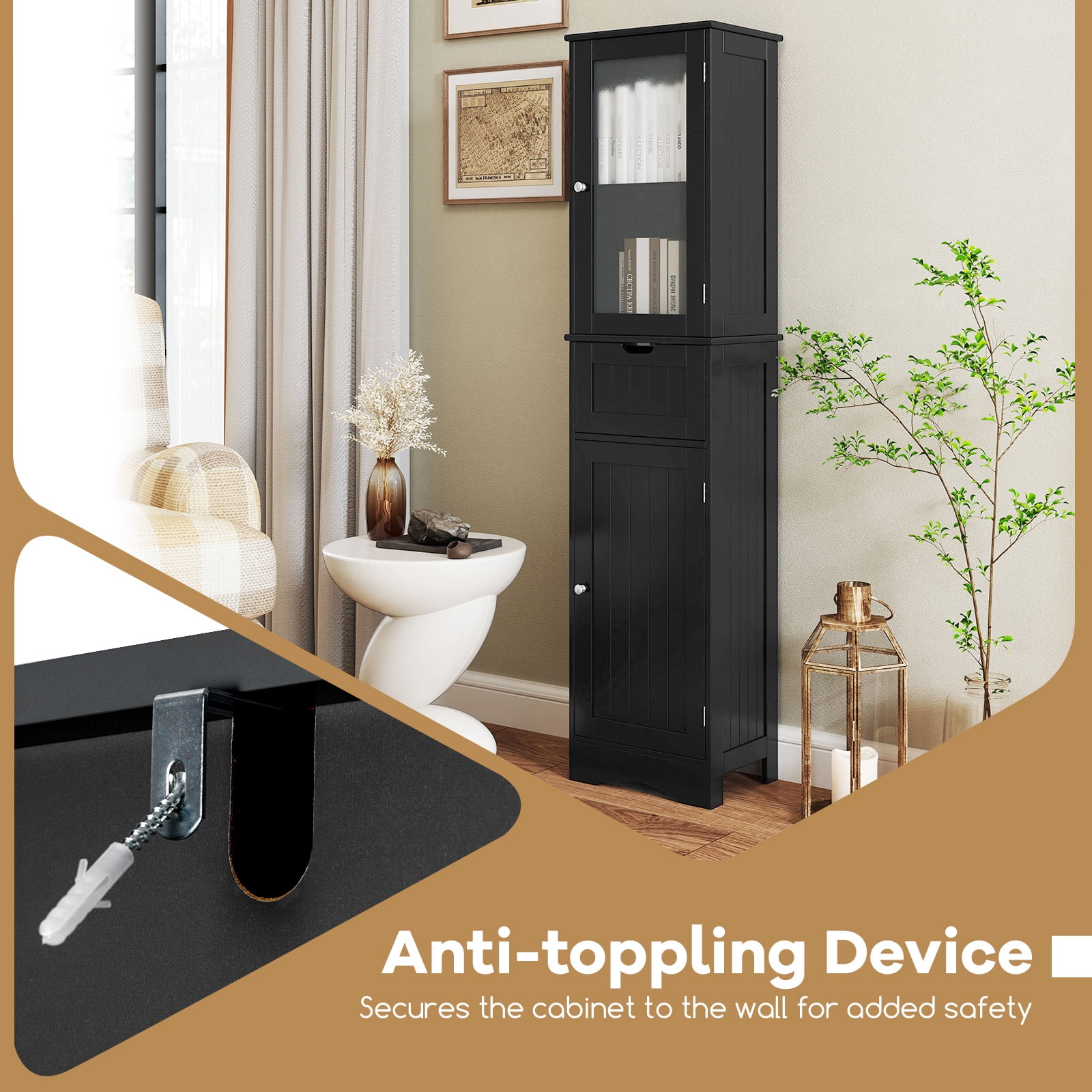 Giantex Tall Bathroom Storage Cabinet, Narrow Slim Linen Tower, Freestanding Floor Cabinet, Black