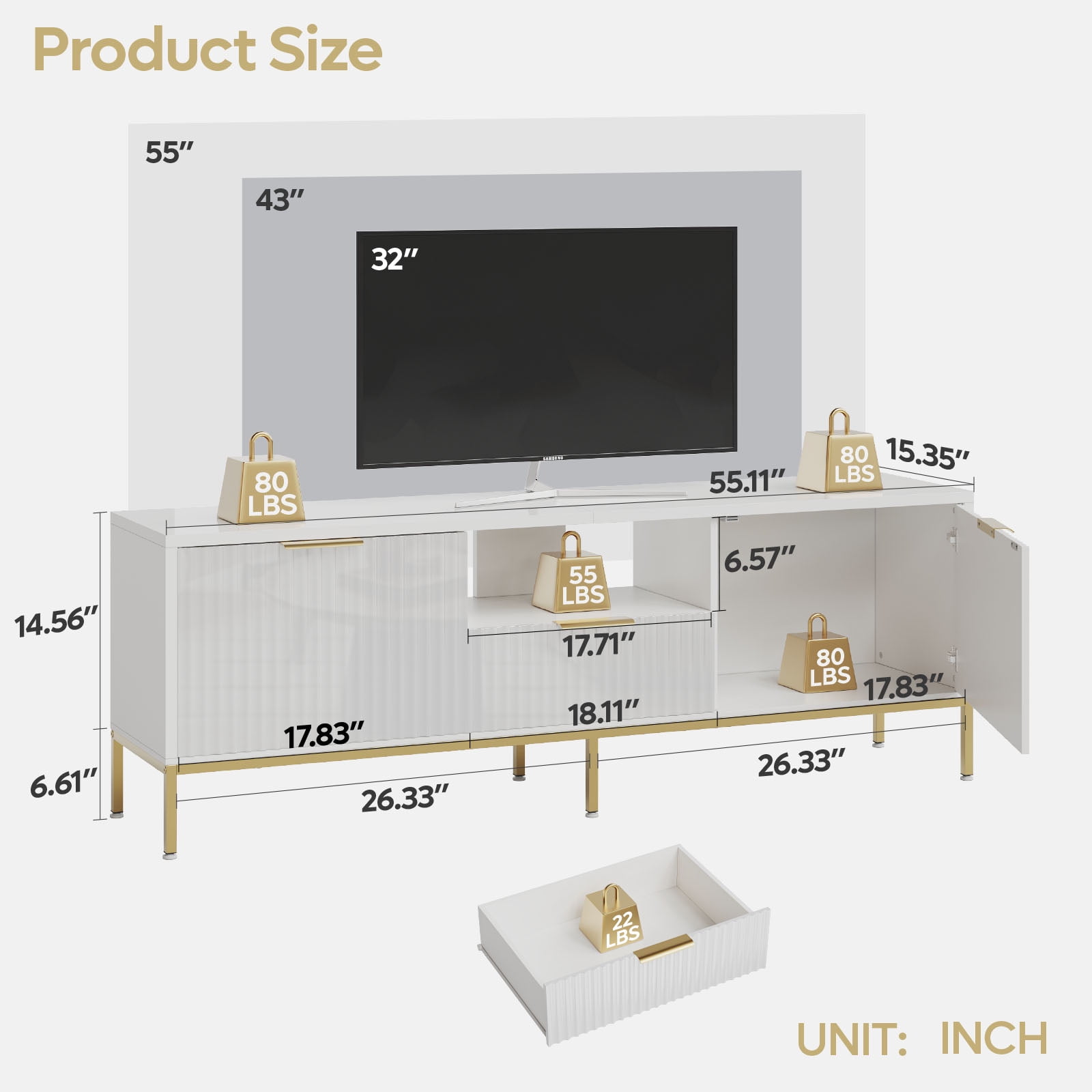 Bestier 55" LED TV Stand for TVs up to 60" Modern High Gloss Entertainment Center with Drawers Cabinets Fluted TV Console, White & Gold