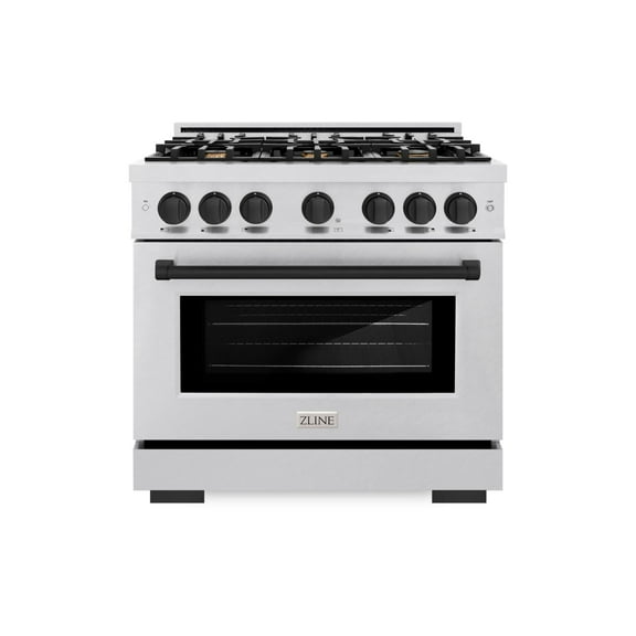 ZLINE Autograph Edition 36 in. 5.2 cu. ft. Dual Fuel Range with 6 Burner Gas Cooktop and Electric Convection Oven in DuraSnow Stainless Steel with Matte Black Accents (HDRSZ-36-MB)