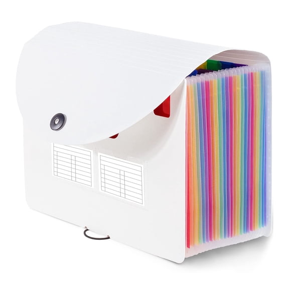 Kaskawise 25 Pockets Expanding File Folder with Blank Labels, According File Organizer with Expandable Cover, Desktop Accordion Folders Letter A4 Paper Document Storage Organizer, White