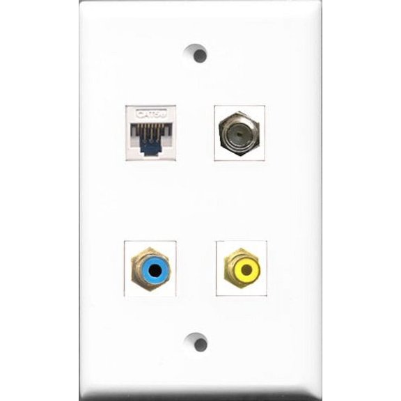 RiteAV - 1 Port RCA Yellow and 1 Port RCA Blue and 1 Port Coax Cable TV- F-Type and 1 Port Cat5e Ethernet White Wall Plate