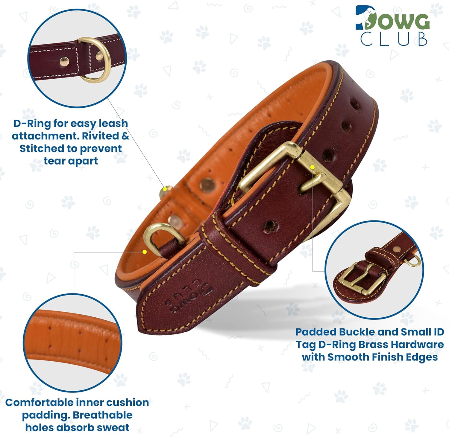 DowgClub Genuine Leather Dog Collar, Padded & Comfortable, Breathable Cushion, Heavy Duty, Handmade, Brown (Large)