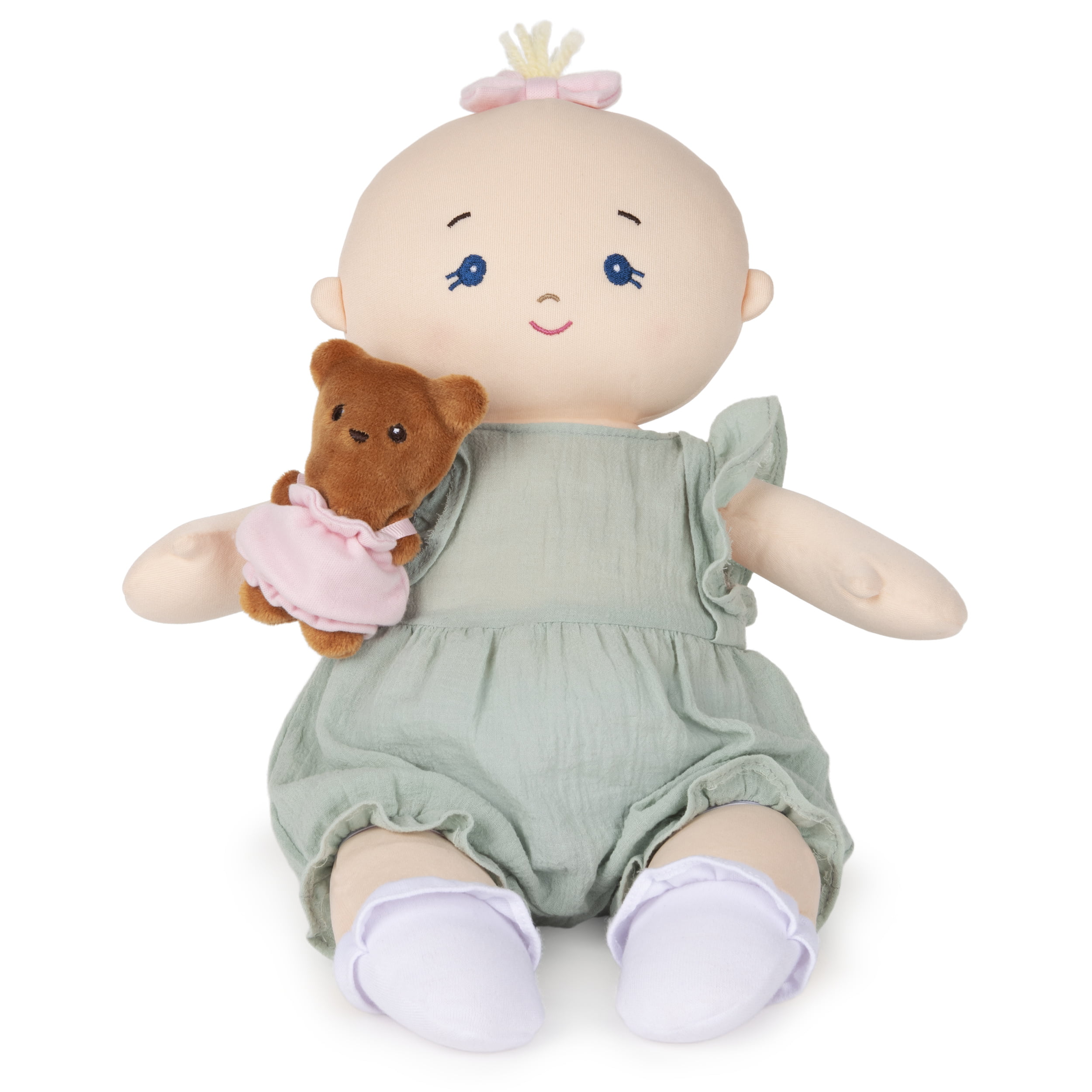 Gund Baby Doll With Teddy Bear Plush Blonde Green Romper 9 Doll