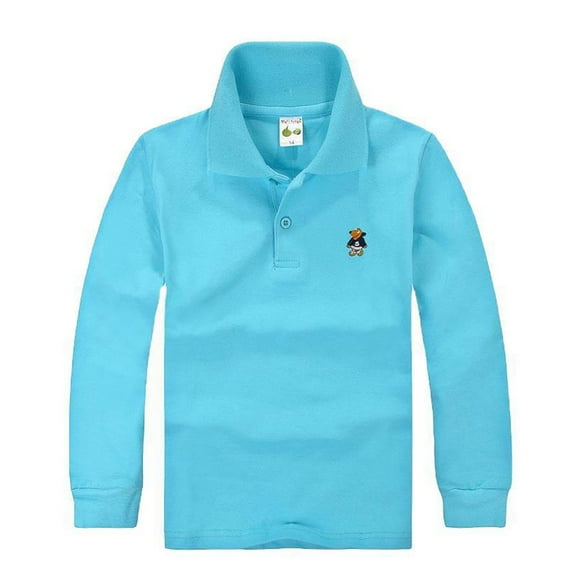 Kids Polo Shirt Boys Long Sleeve Boys Blue Button down Shirt with Cute Embroider Kids Shirts Boys 9-10 Years Boys Clothes