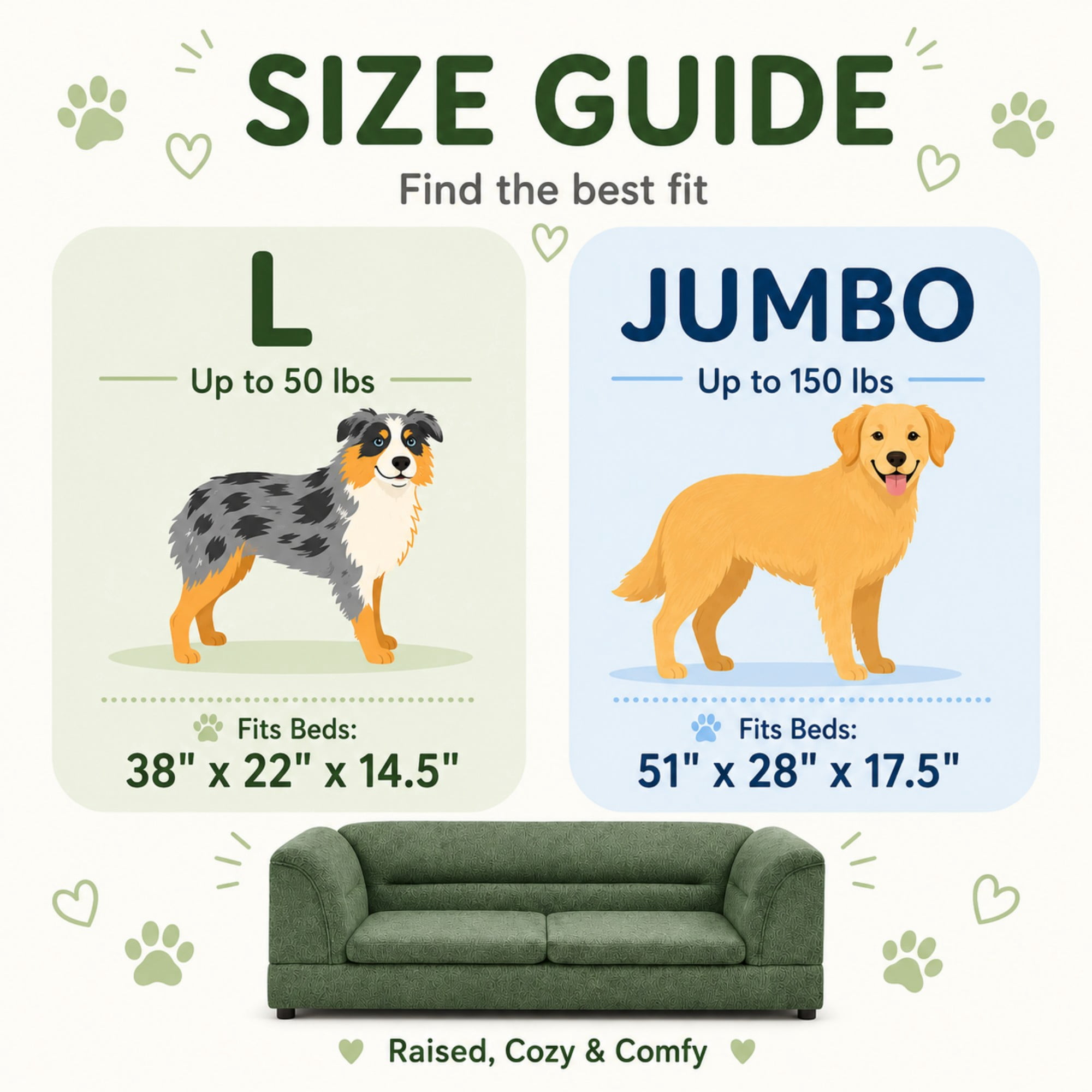 Aenkyo 52" Large Dog Sofa Bed, Linen Pet Couch with Removable Cushions, Green