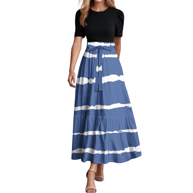 Summer Dresses For Women 2025 Floral Print Wrap Short Sleeve Maxi Dress Patchwork Ruffle Hem A Line Dress