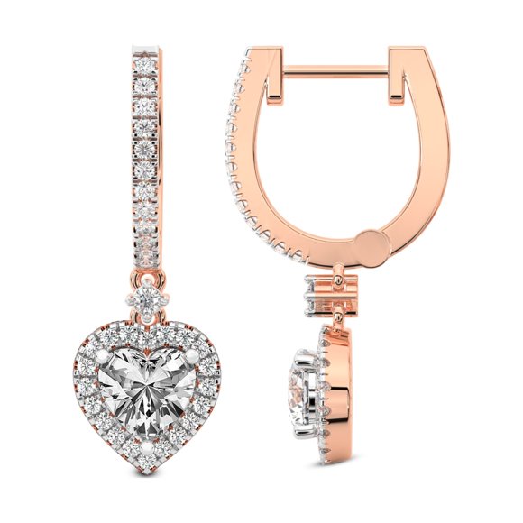 Diamond Dangle Earring | 4 Carat IGI Certified Heart Shape Lab Grown Diamond Dangle | 18K in Rose Gold | Lyra Halo Lab Diamond Earrings | Prong Setting | FG-VS1-VS2 Quality | Friendly Diamonds