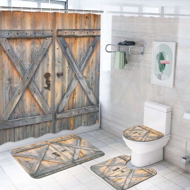 FRAMICS Brown Rustic Barn Door Pattern Polyester Shower Curtain and Rug