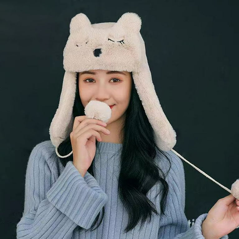 D GROEE Winter Earflap Hat for Women Fluffy Womens Beanie Faux Fur Lace Up Windproof Rope Cap Warm Cycling Cap Outdoor Ear Cover Walmart