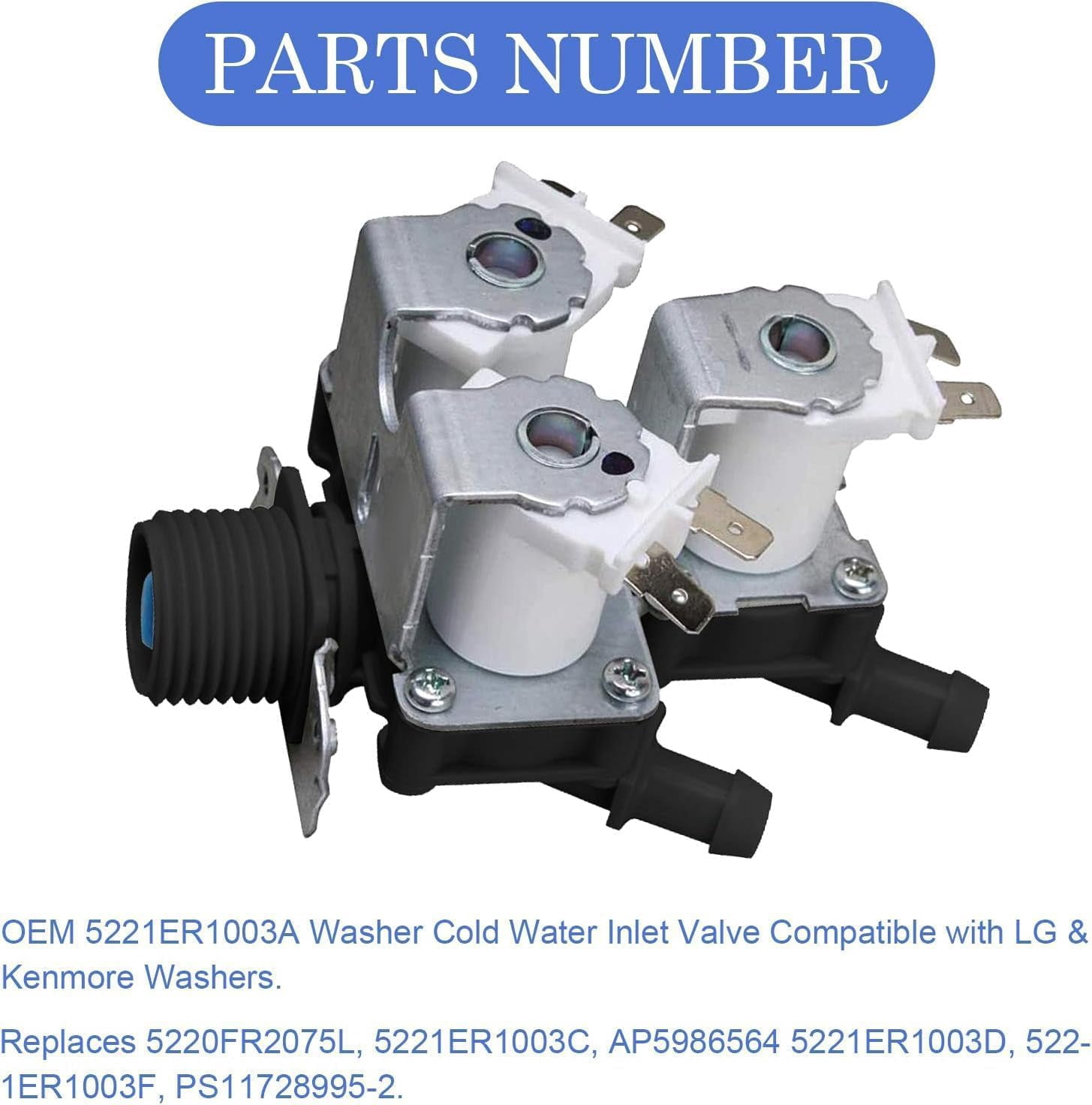 5221ER1003A 5220FR2075L Water Inlet Valve Replacement for LG Tromm & Ken.more Front Load Washers - Replaces 5221ER1003C 5221ER1003D Assembly