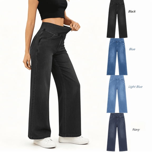 Tsivenald Womens Jeans High Waist Wide Leg Jeans Soft Stretch Pull On Denim Jeans Comfort Elastic Waist Loose Trouser Pants for Women