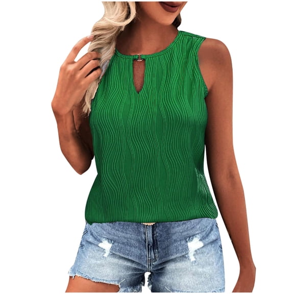 Mrat Thick Strap Tank Tops Women's Solid Sleeveless Round Neck Camisoles Hollow Out Tube Pleated Tops Blouse High Neck Workout Tank Tops S-45 Green S