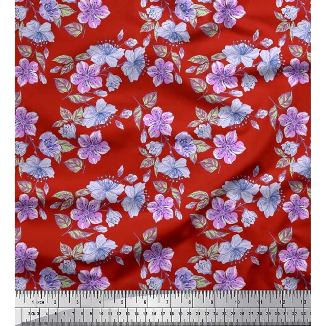Soimoi Poly Georgette Fabric Leaves & Buttercup Floral Print Fabric by the Yard 42 Inch Wide
